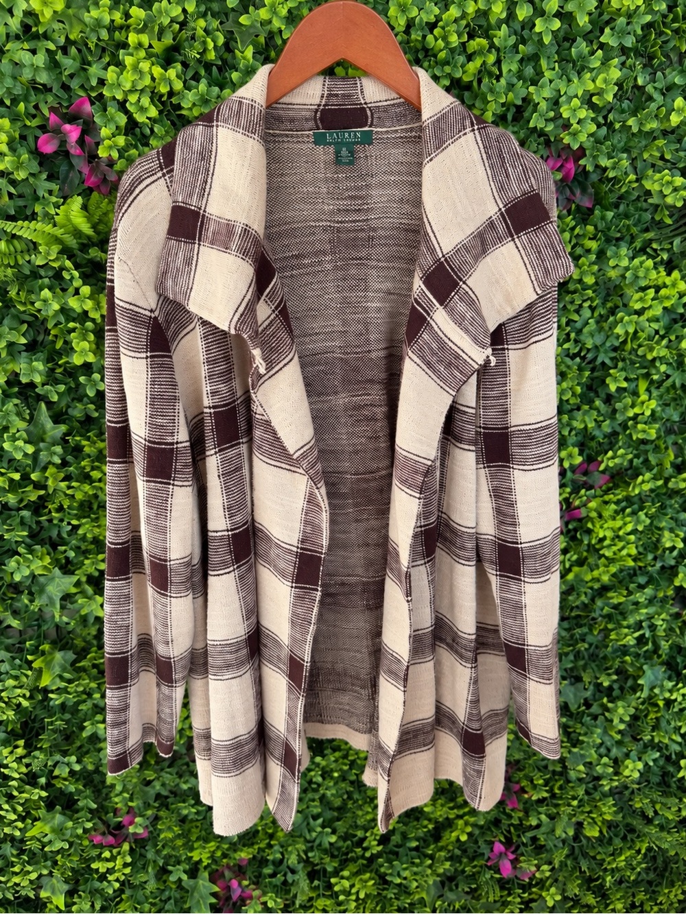 Lauren Ralph Lauren 100% Cotton Plaid Open Front Cardigan Coat 3X Brown Cream - Picture 2 of 7